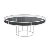 White round CORNELL table with black plastic shelve and clear glass top 