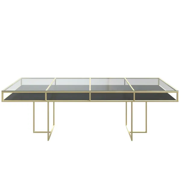 Gold rectangular CORNELL table with black plastic shelve and clear glass top
