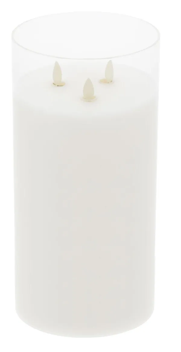 Triple flame LED candles in glass cylinder — safe, elegant, and affordable lighting rental in Dubai.