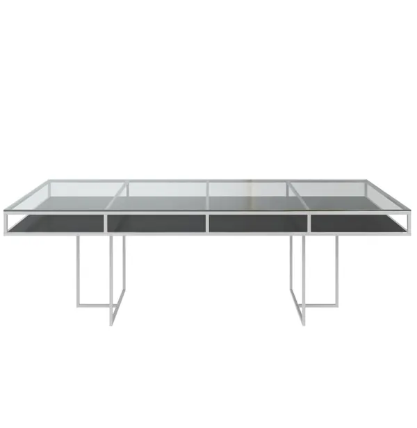 White rectangular CORNELL table with black plastic shelve and clear glass top 