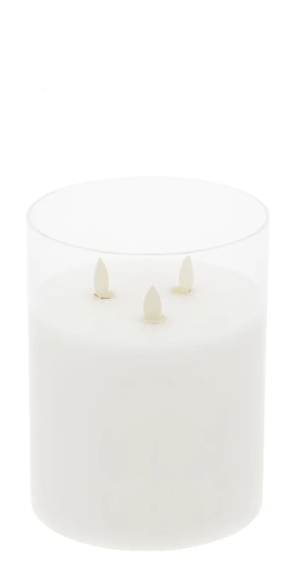 Triple flame LED candles in glass cylinder — safe, elegant, and affordable lighting rental in Dubai.