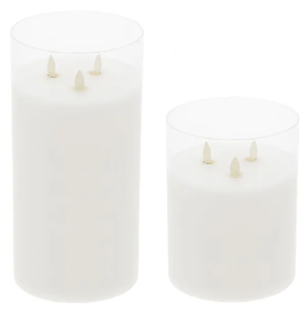 Triple flame LED candles in glass cylinder — safe, elegant, and affordable lighting rental in Dubai.