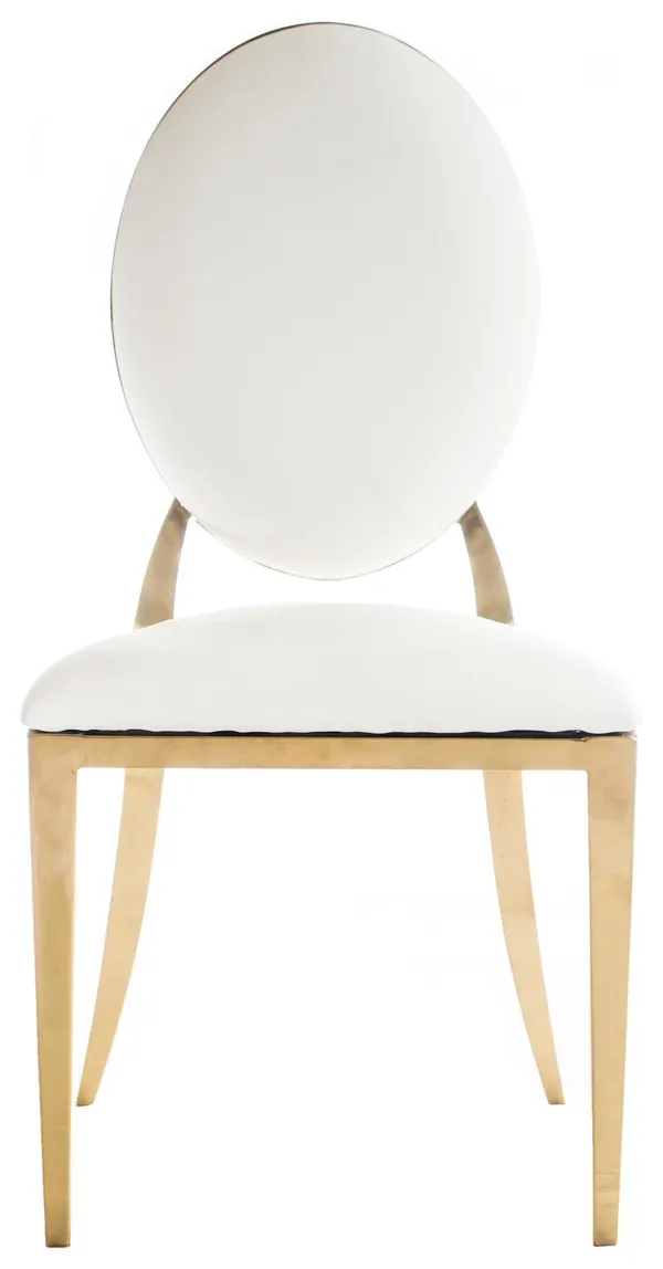 Gold Dupont chair with white velvet upholstery and an oval backrest, styled in a soft-toned elegant event setup.
